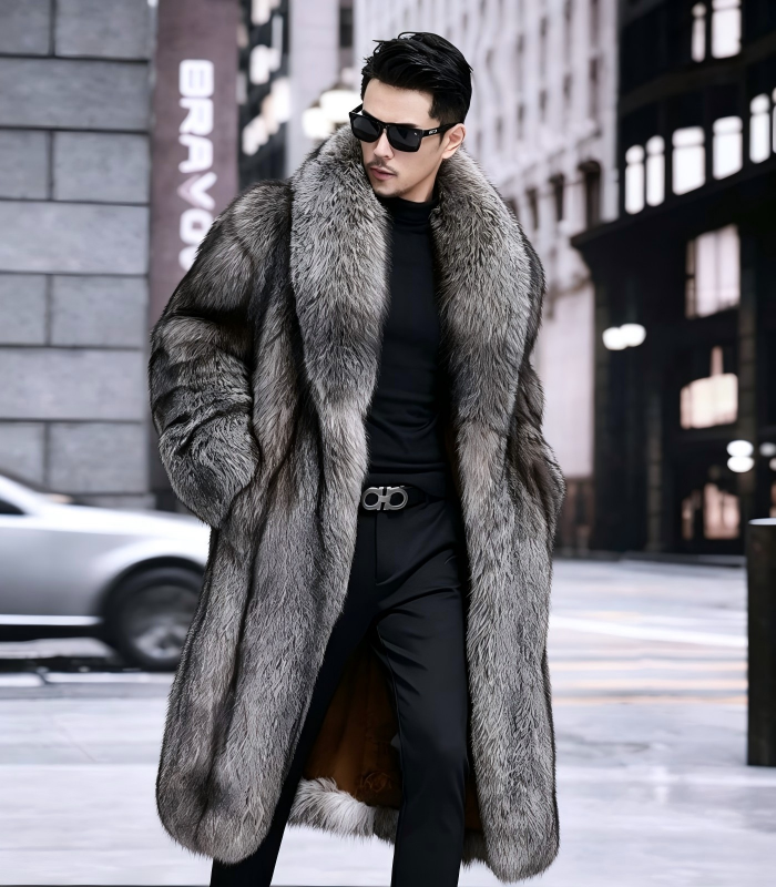 #2663 Men's Long Silver Fox Fur Coat, Real Full Skin Silver Fox Fur Jacket Luxury Winter Outerwear Model Shot.a