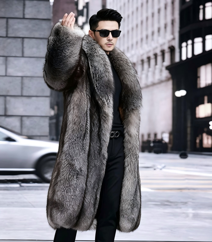 #2663 Men's Long Silver Fox Fur Coat, Real Full Skin Silver Fox Fur Jacket Luxury Winter Outerwear Model Shot.b