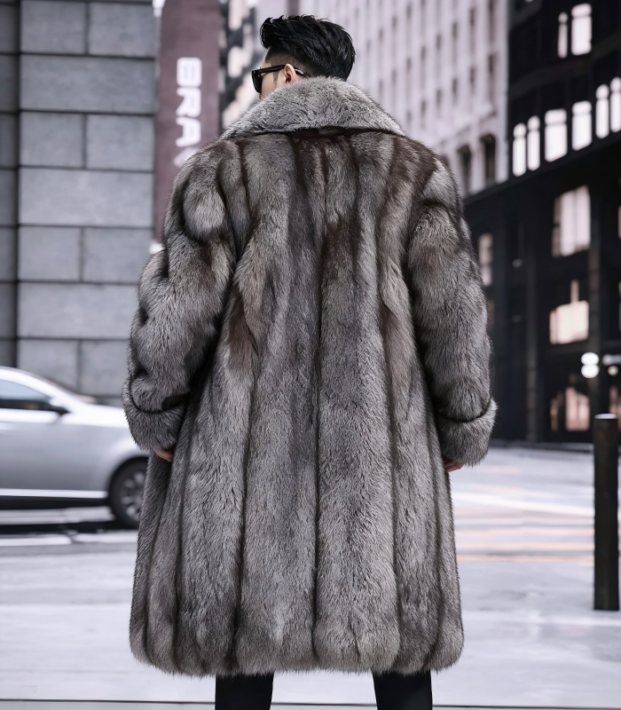 #2663 Men's Long Silver Fox Fur Coat, Real Full Skin Silver Fox Fur Jacket Luxury Winter Outerwear Model Shot.c