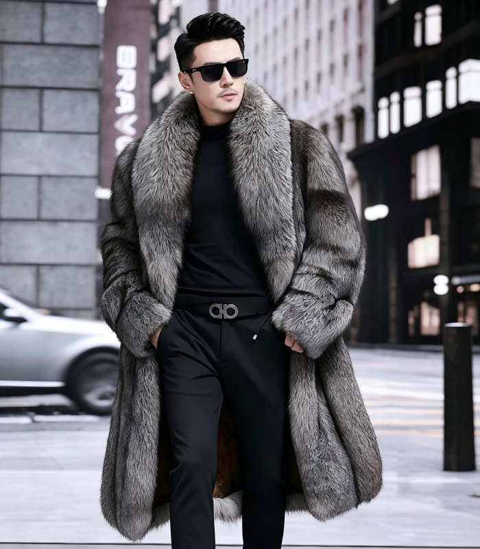 #2663 Men's Long Silver Fox Fur Coat, Real Full Skin Silver Fox Fur Jacket Luxury Winter Outerwear Model Shot.d