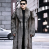 #2663 Men's Long Silver Fox Fur Coat, Real Full Skin Silver Fox Fur Jacket Luxury Winter Outerwear Model Shot.e