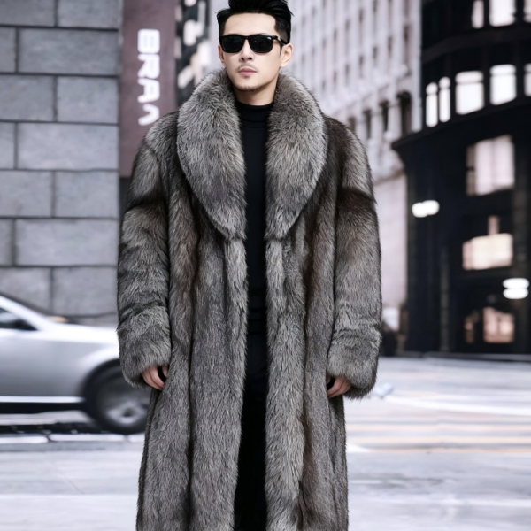 #2663 Men's Long Silver Fox Fur Coat, Real Full Skin Silver Fox Fur Jacket Luxury Winter Outerwear Model Shot.e