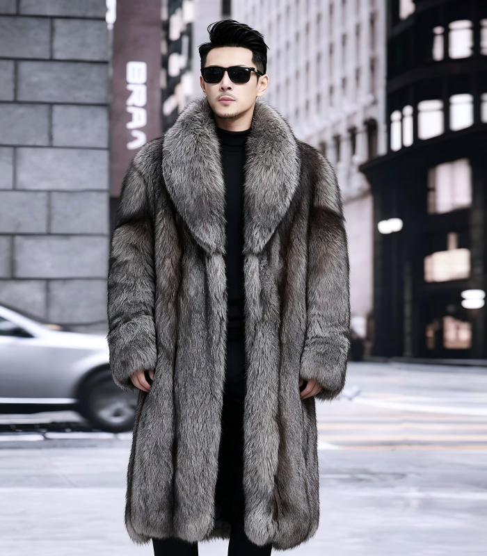 #2663 Men's Long Silver Fox Fur Coat, Real Full Skin Silver Fox Fur Jacket Luxury Winter Outerwear Model Shot.e