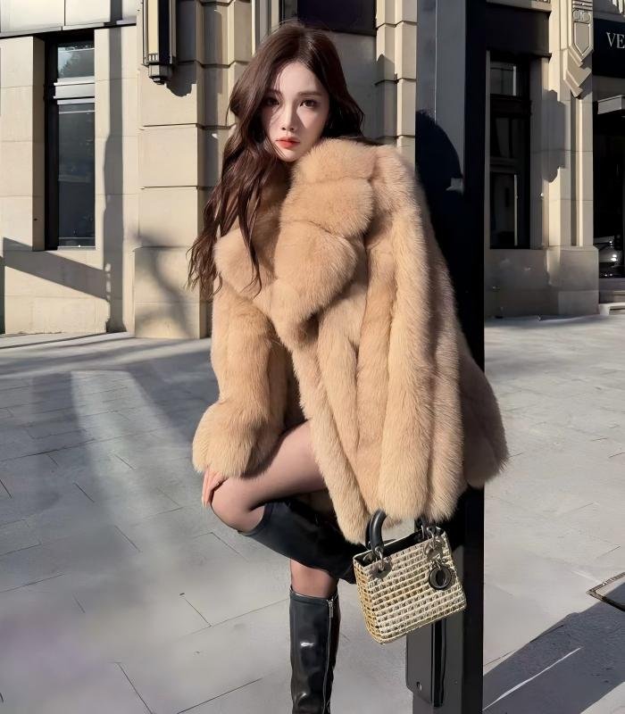 #2625 Women's Caramel Fox Fur Short Coat With Lapel, Luxury Natural Full Skin Fox Fur Winter Jacket.D