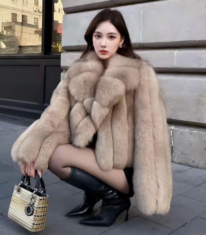 #2625 Women's Caramel Fox Fur Short Coat With Lapel, Luxury Natural Full Skin Fox Fur Winter Jacket.C