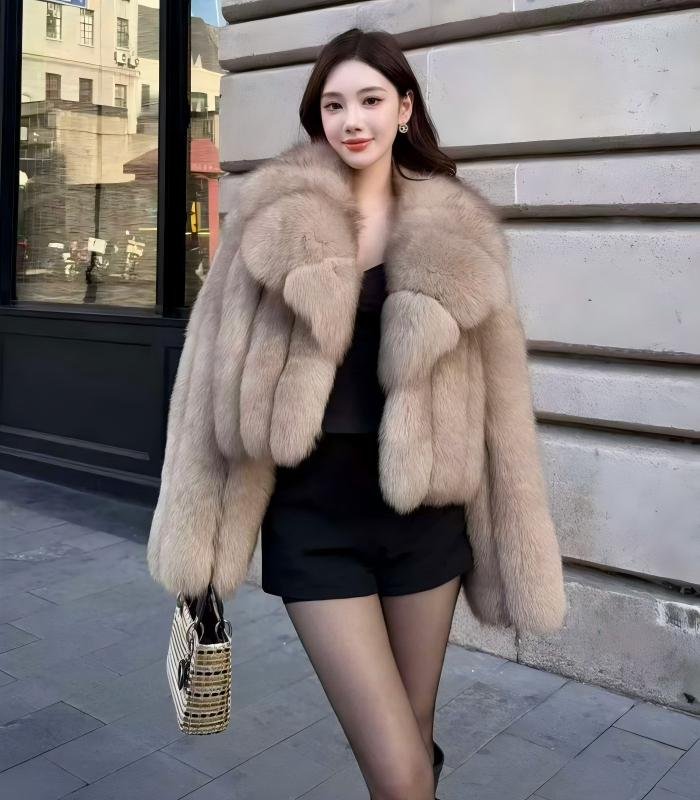 #2625 Women's Caramel Fox Fur Short Coat With Lapel, Luxury Natural Full Skin Fox Fur Winter Jacket.B