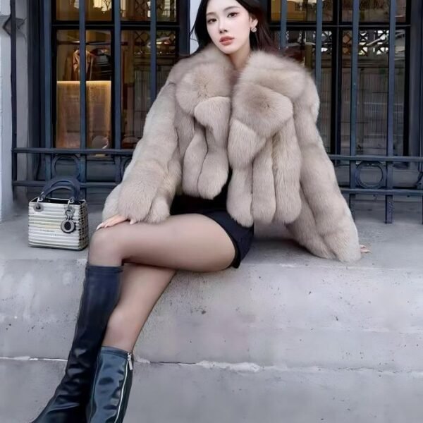 #2625 Women's Caramel Fox Fur Short Coat With Lapel, Luxury Natural Full Skin Fox Fur Winter Jacket.A