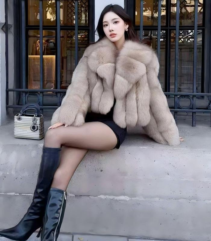 #2625 Women's Caramel Fox Fur Short Coat With Lapel, Luxury Natural Full Skin Fox Fur Winter Jacket.A