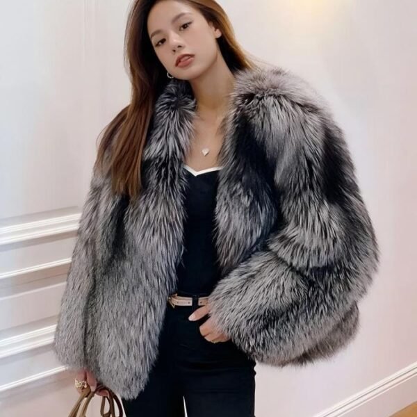 #2626 Women's Silver Fox Fur Short V-eck Coat, Luxury Natural Full Skin Fox Fur Winter Jacket.D