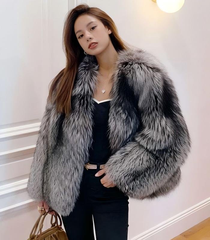 #2626 Women's Silver Fox Fur Short V-eck Coat, Luxury Natural Full Skin Fox Fur Winter Jacket.D