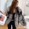 #2626 Women's Silver Fox Fur Short V-Neck Coat, Luxury Natural Full Skin Fox Fur Winter Jacket.C