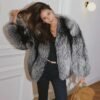 #2626 Women's Silver Fox Fur Short V-Neck Coat, Luxury Natural Full Skin Fox Fur Winter Jacket.B