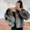 #2626 Women's Silver Fox Fur Short V-Neck Coat, Luxury Natural Full Skin Fox Fur Winter Jacket.A