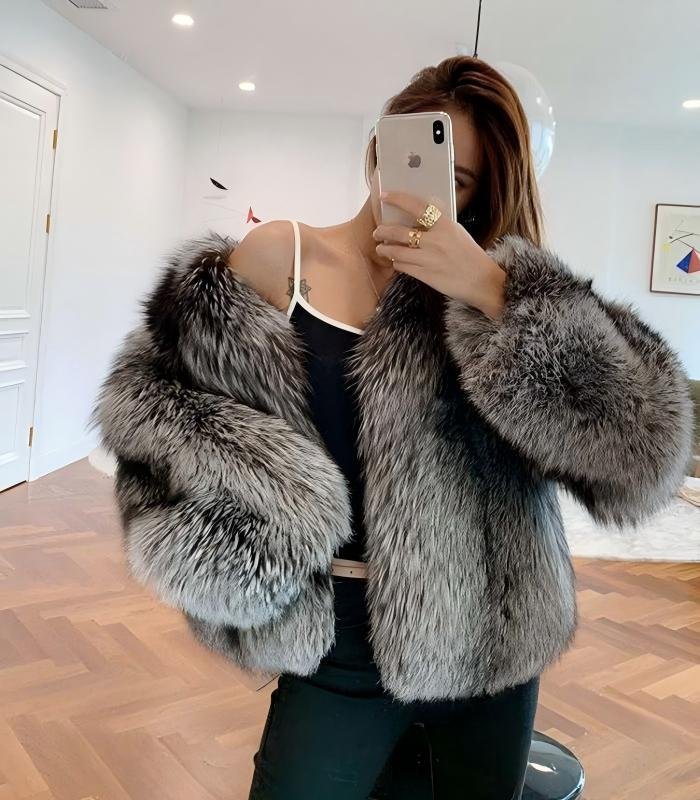 #2626 Women's Silver Fox Fur Short V-Neck Coat, Luxury Natural Full Skin Fox Fur Winter Jacket.A