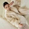 #2627 Women's Cream Fox Fur Mid Length Coat, Luxury Natural Full Skin Fox Fur Winter Overcoat.E
