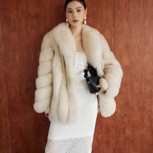 #2627 Women's Cream Fox Fur Mid Length Coat, Luxury Natural Full Skin Fox Fur Winter Overcoat.D