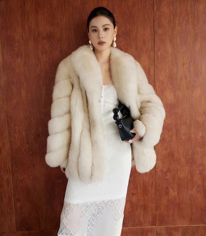 #2627 Women's Cream Fox Fur Mid Length Coat, Luxury Natural Full Skin Fox Fur Winter Overcoat.D