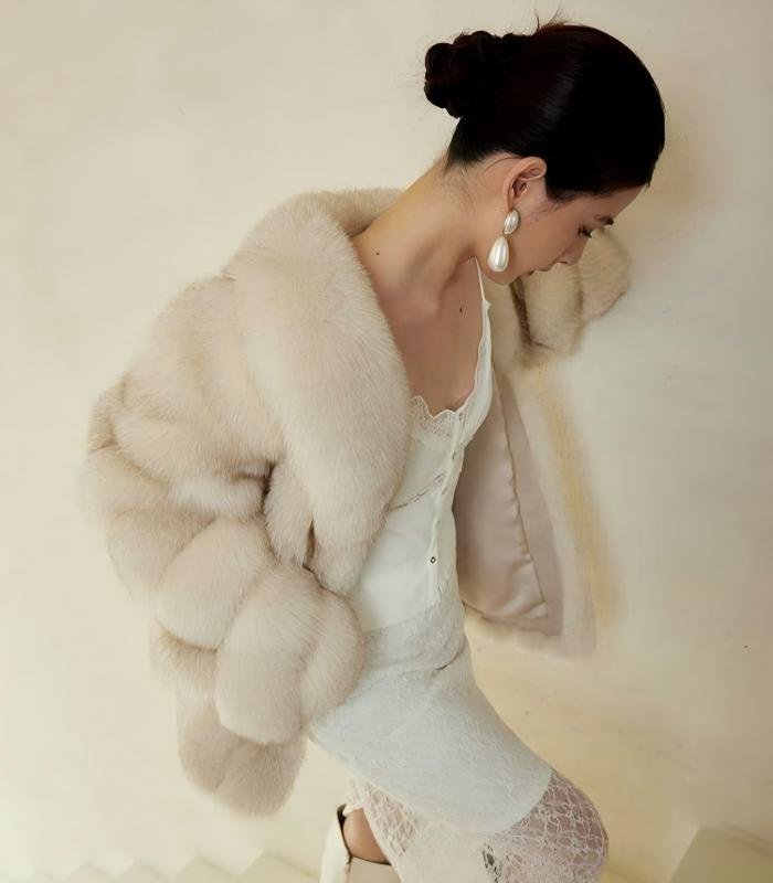 #2627 Women's Cream Fox Fur Mid Length Coat, Luxury Natural Full Skin Fox Fur Winter Overcoat.C