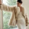#2627 Women's Cream Fox Fur Mid Length Coat, Luxury Natural Full Skin Fox Fur Winter Overcoat.B
