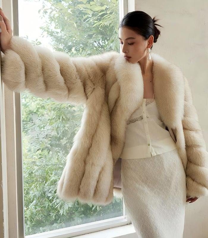 #2627 Women's Cream Fox Fur Mid Length Coat, Luxury Natural Full Skin Fox Fur Winter Overcoat.B