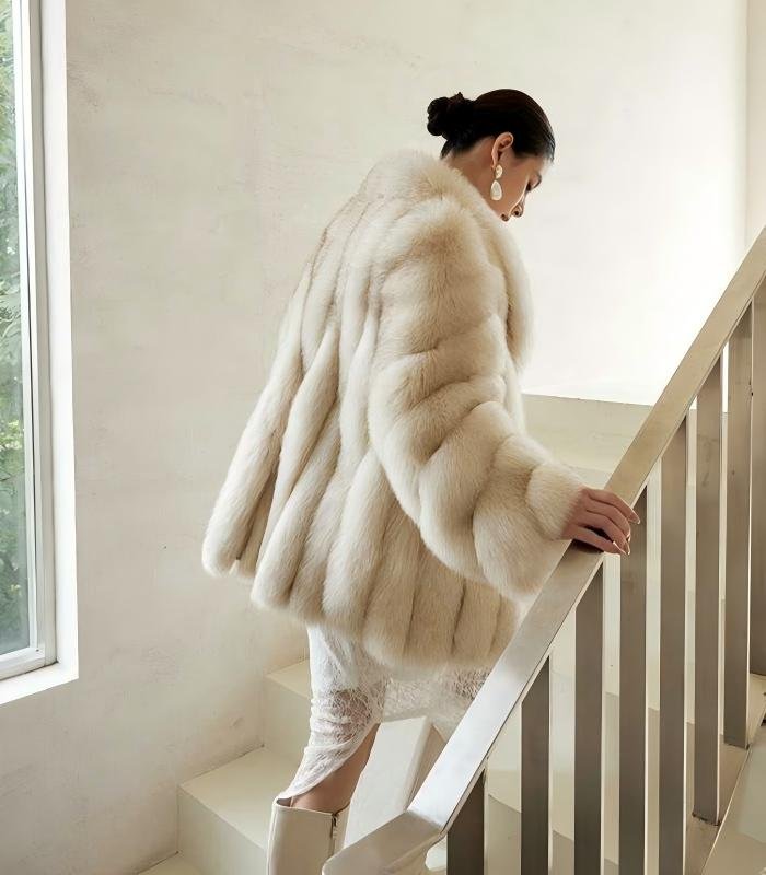 #2627 Women's Cream Fox Fur Mid Length Coat, Luxury Natural Full Skin Fox Fur Winter Overcoat.A