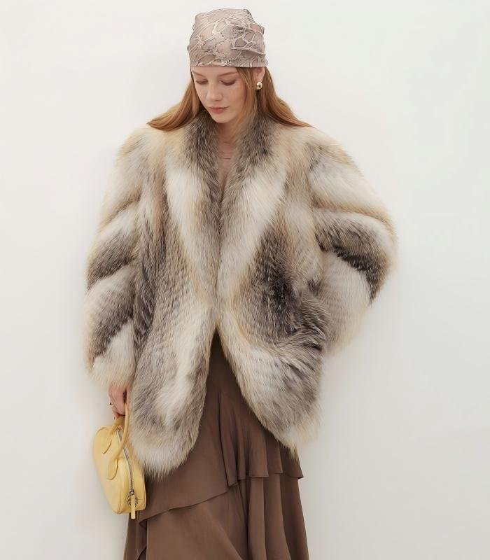 #2628 Women's Golden Island Fox Fur Mid Length Coat, Luxury Natural Full Skin Fox Fur Winter Overcoat.D