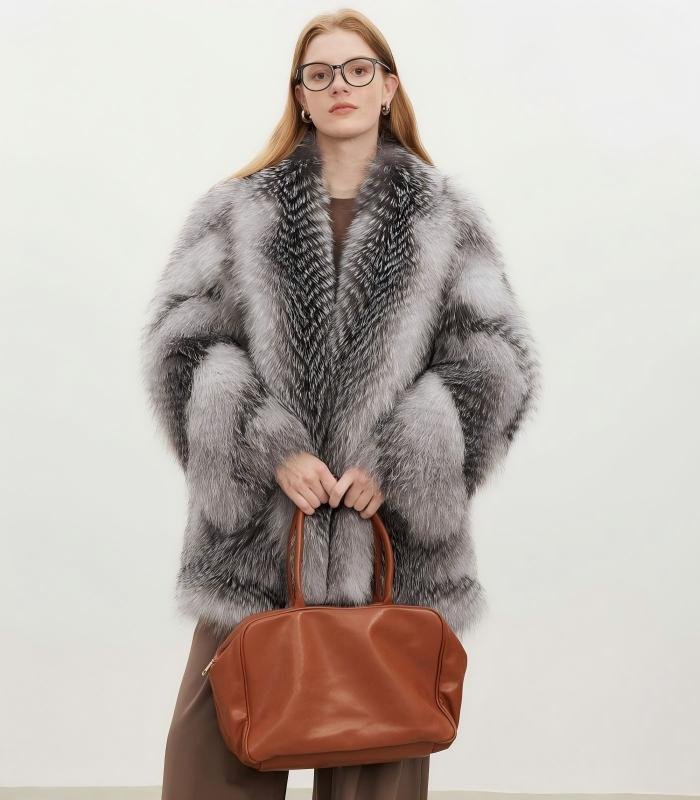 #2628 Women's Silver Fox Fur Mid Length Coat, Luxury Natural Full Skin Fox Fur Winter Overcoat.C