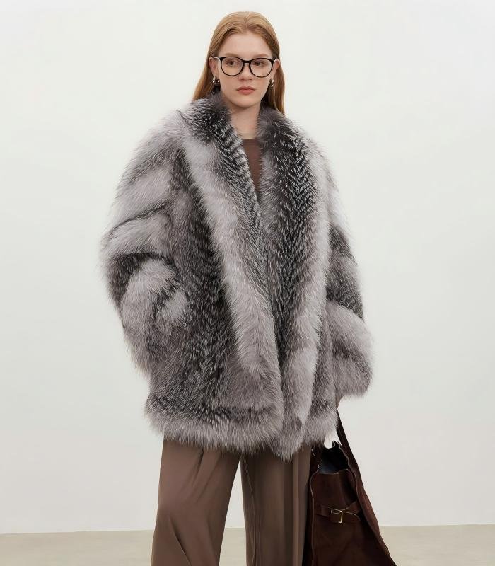 #2628 Women's Silver Fox Fur Mid Length Coat, Luxury Natural Full Skin Fox Fur Winter Overcoat.B