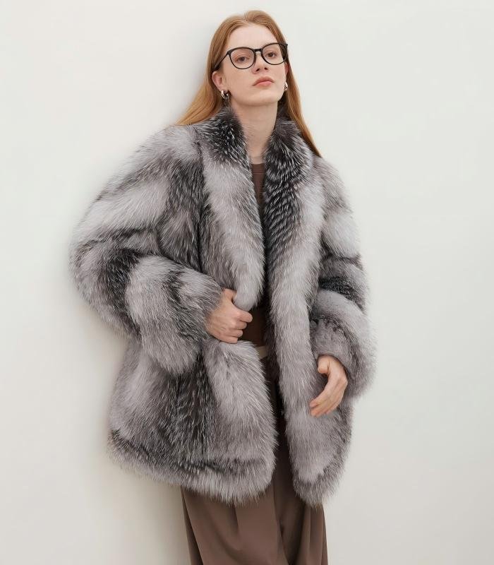 #2628 Women's Silver Fox Fur Mid Length Coat, Luxury Natural Full Skin Fox Fur Winter Overcoat.A