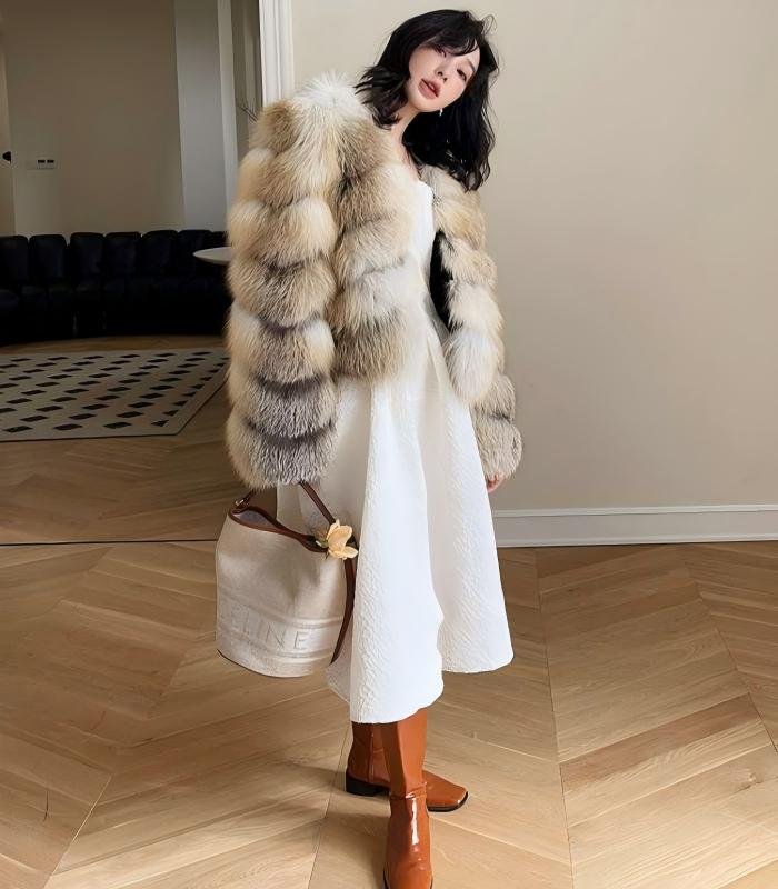 #2629 Women's Golden Island Fox Fur Short Coat, Luxury Natural Fox Fur Winter Jacket.C