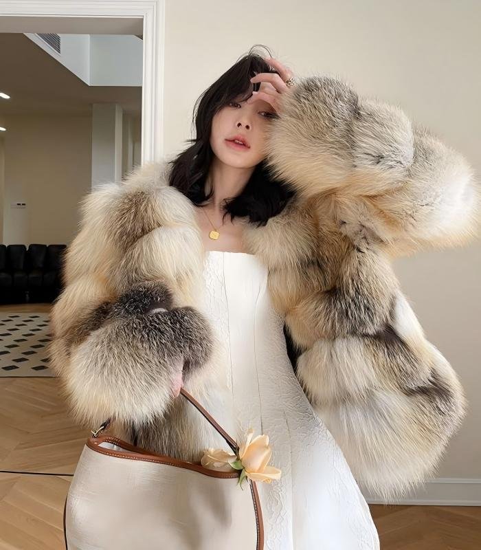 #2629 Women's Golden Island Fox Fur Short Coat, Luxury Natural Fox Fur Winter Jacket.B