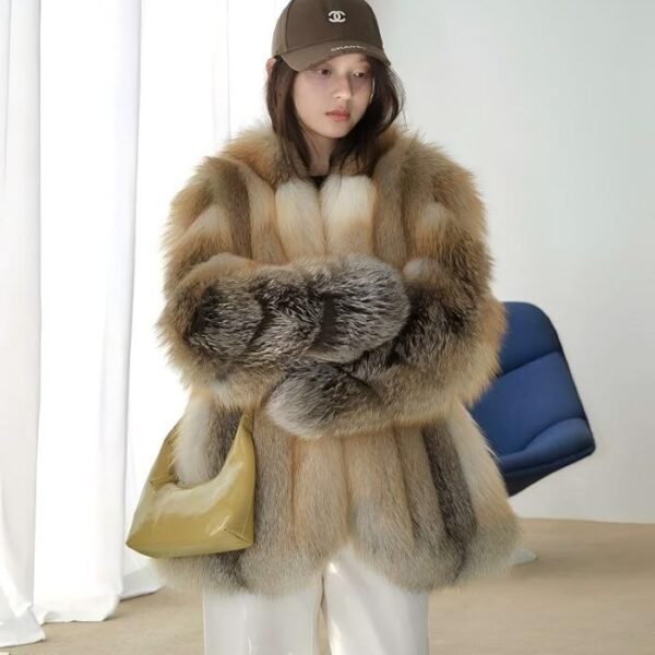 #2631 Women's Golden Island Fox Fur Long Coat, Luxury Full Skin Natural Fox Fur Winter Overcoat.B