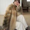 #2631 Women's Golden Island Fox Fur Long Coat, Luxury Full Skin Natural Fox Fur Winter Overcoat.A