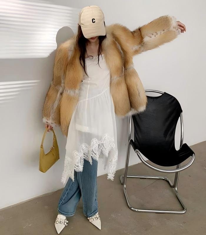 #2632 Women's Golden Island Fox Fur Mid-Length Coat, Luxury Natural Fox Fur Winter Jacket.E