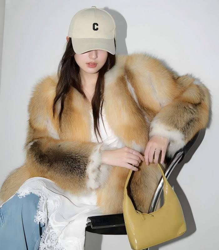 #2632 Women's Golden Island Fox Fur Mid-Length Coat, Luxury Natural Fox Fur Winter Jacket.C