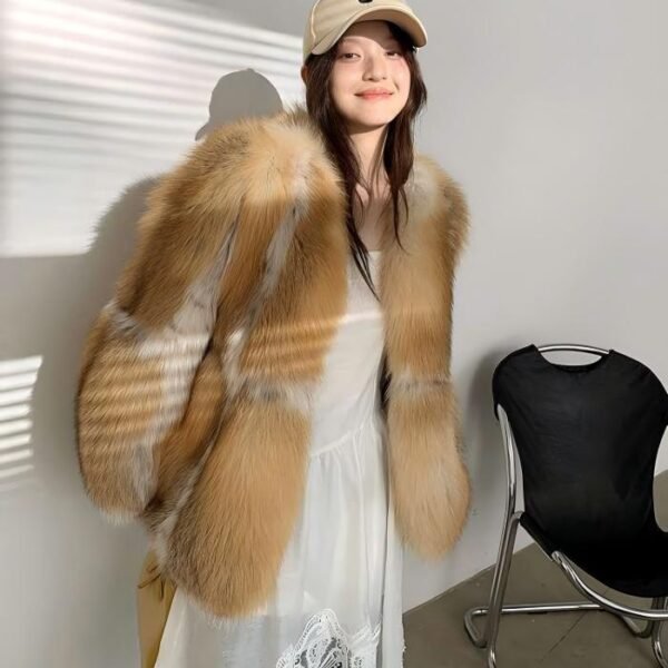 #2632 Women's Golden Island Fox Fur Mid-Length Coat, Luxury Natural Fox Fur Winter Jacket.B