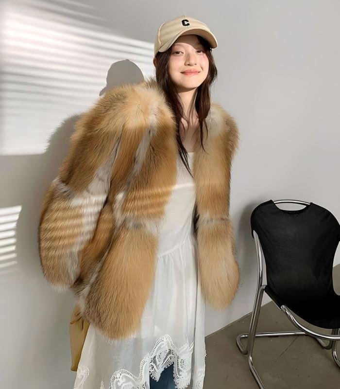 #2632 Women's Golden Island Fox Fur Mid-Length Coat, Luxury Natural Fox Fur Winter Jacket.B