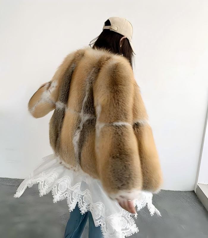 #2632 Women's Golden Island Fox Fur Mid-Length Coat, Luxury Natural Fox Fur Winter Jacket.A