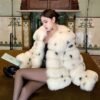 #2633 Women's Spotted Fox Fur Short Coat, Oversized Big Collar Natural Fox Fur Luxury Winter Jacket.E