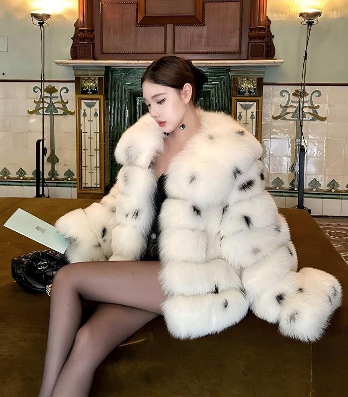 #2633 Women's Spotted Fox Fur Short Coat, Oversized Big Collar Natural Fox Fur Luxury Winter Jacket.E