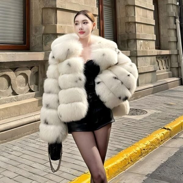 #2633 Women's Spotted Fox Fur Short Coat, Oversized Big Collar Natural Fox Fur Luxury Winter Jacket.C
