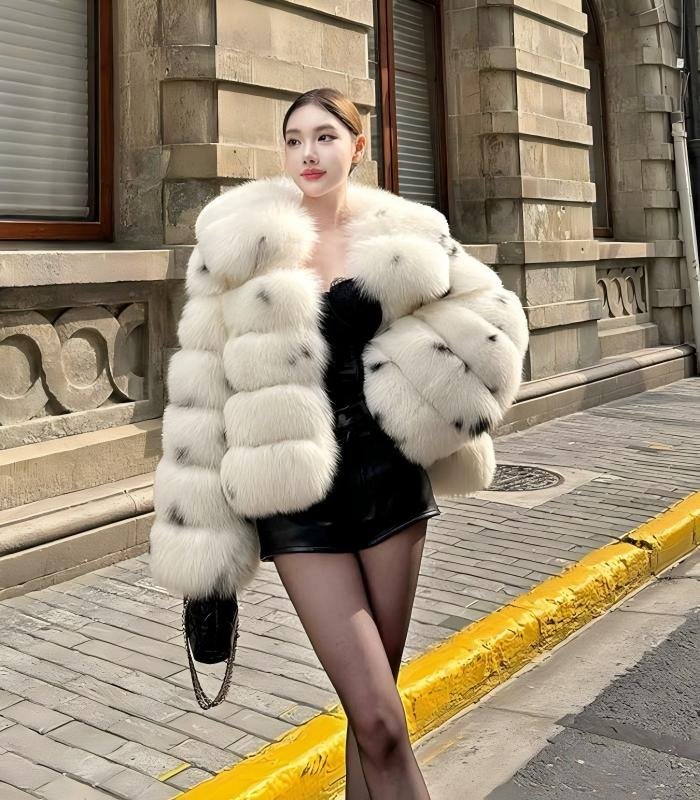 #2633 Women's Spotted Fox Fur Short Coat, Oversized Big Collar Natural Fox Fur Luxury Winter Jacket.C