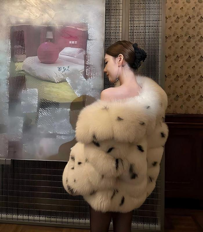 #2633 Women's Spotted Fox Fur Short Coat, Oversized Big Collar Natural Fox Fur Luxury Winter Jacket.A