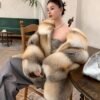 #2634 Women's Nordic Golden Fox Mid Length Hooded Fur Coat, Vintage Natural Gradient Luxury Fox Fur Winter Outerwear.B