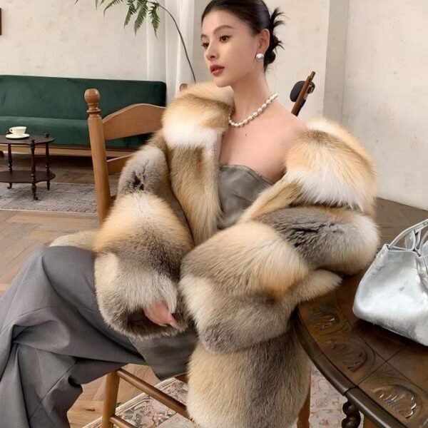 #2634 Women's Nordic Golden Fox Mid Length Hooded Fur Coat, Vintage Natural Gradient Luxury Fox Fur Winter Outerwear.B