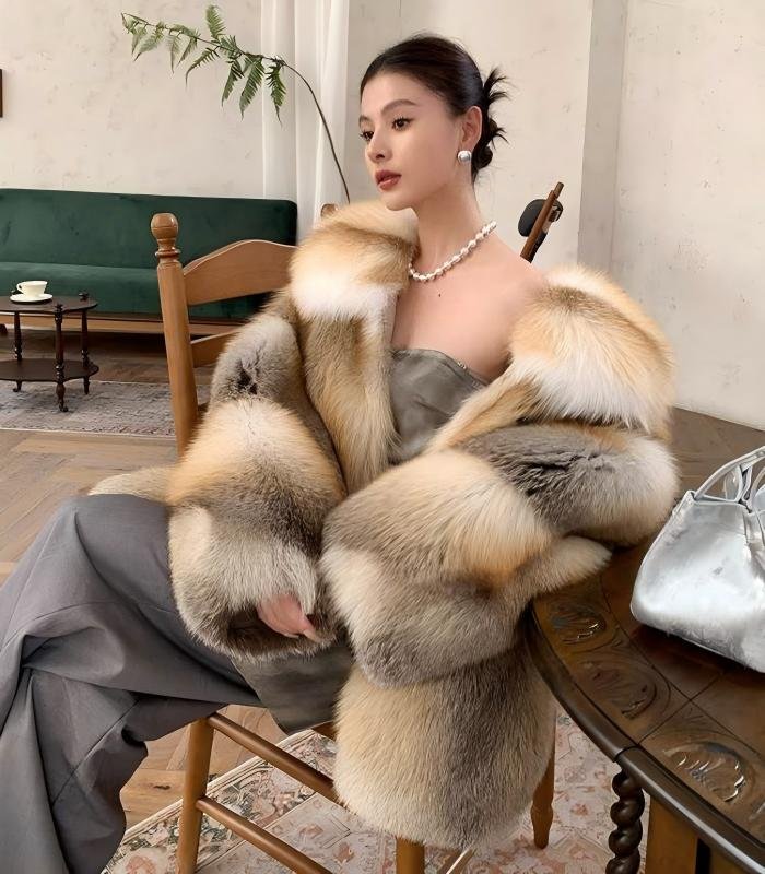 #2634 Women's Nordic Golden Fox Mid Length Hooded Fur Coat, Vintage Natural Gradient Luxury Fox Fur Winter Outerwear.B