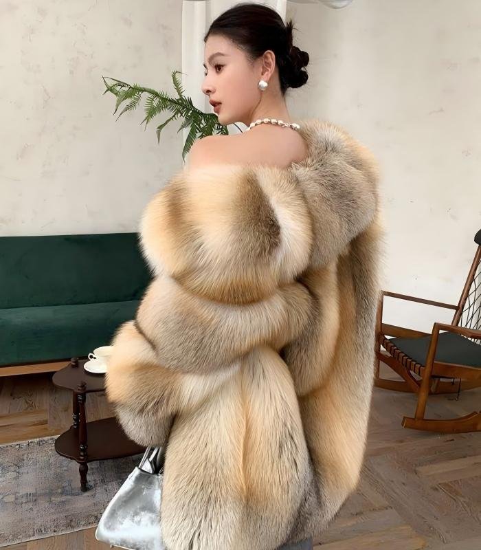 #2634 Women's Nordic Golden Fox Mid Length Hooded Fur Coat, Vintage Natural Gradient Luxury Fox Fur Winter Outerwear.A