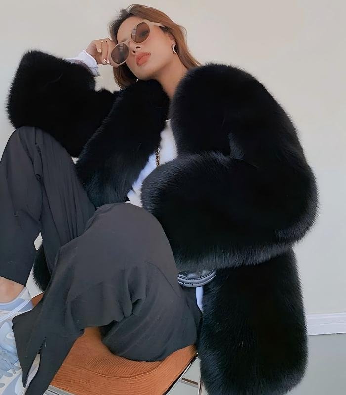#2639 Women's Mid Length V-Neck Fox Fur Coat, Luxury Fluffy Winter Fur Outerwear.D