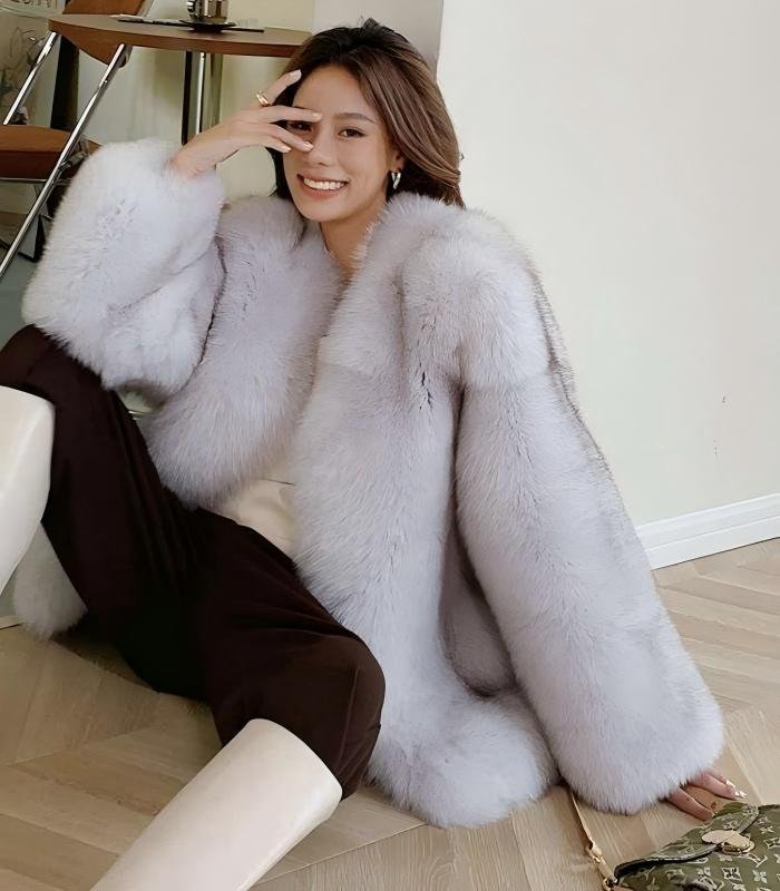 #2639 Women's Mid Length V-Neck Fox Fur Coat, Luxury Fluffy Winter Fur Outerwear.C