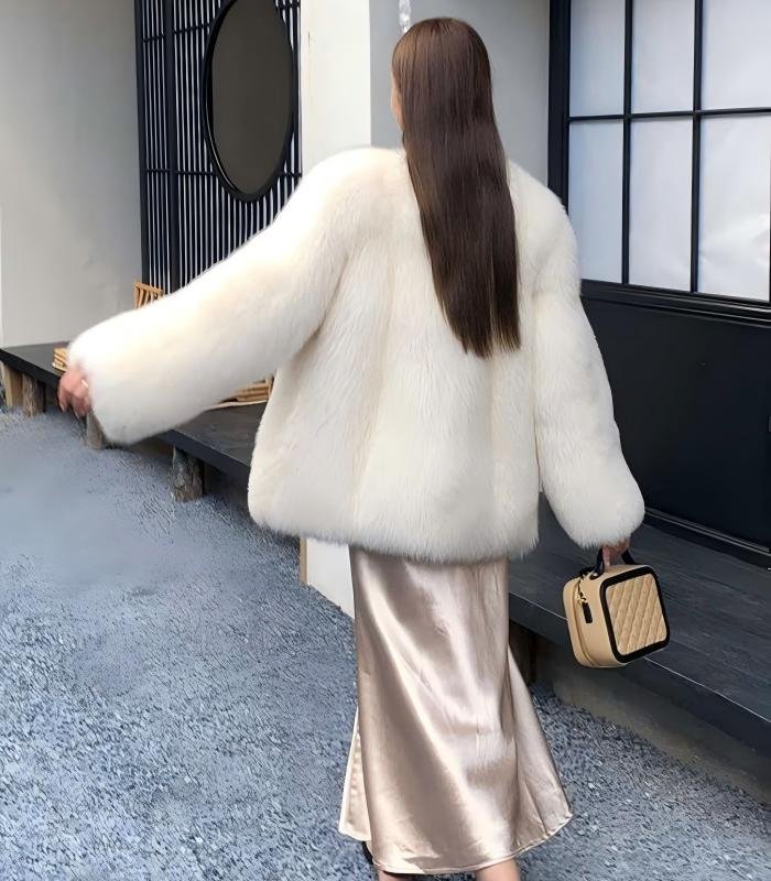 #2639 Women's Mid Length V-Neck Fox Fur Coat, Luxury Fluffy Winter Fur Outerwear.B